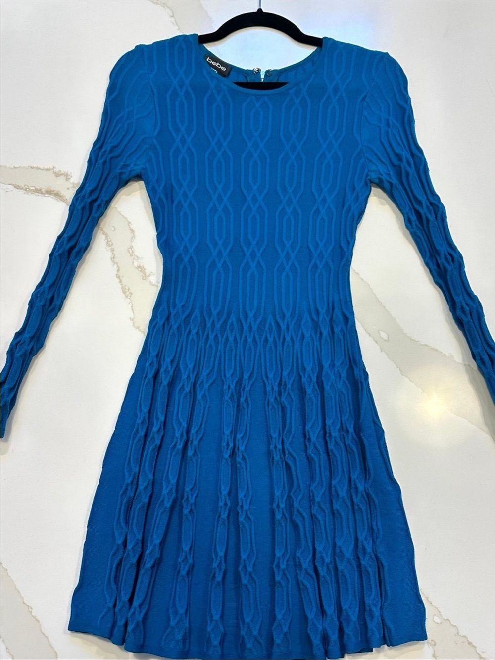 bebe Blue Long Sleeve Textured Fit-and-Flare Dress